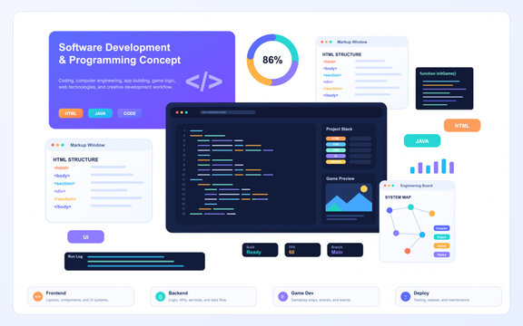 Software Development Programming Concept Illustration. Colorful software development banner with code editor, markup windows, stack panels, charts and system map for programming, web design. Vector