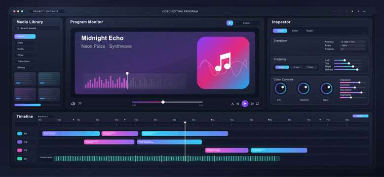 Video Editing Software Timeline Interface. Dark video editing dashboard with media library, program monitor, inspector controls and multitrack timeline for creative production, audio. Vector UI App