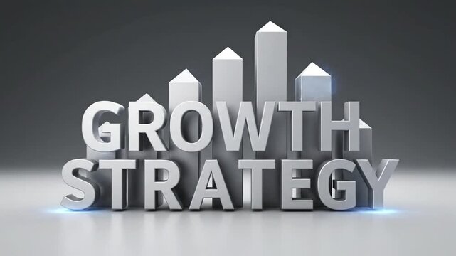 3D Metallic Growth Strategy Text with Rising Bar Chart. 4K Video.