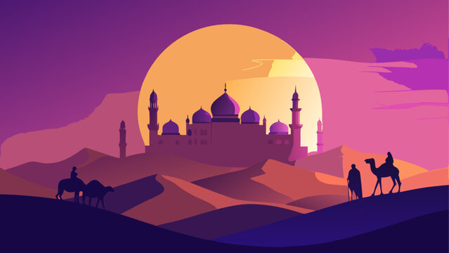 Silhouette of mosque at sunset with full orange moon