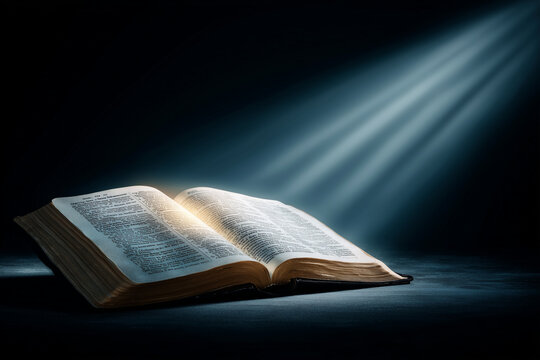 The Bible was open with a burning light illuminating it.
