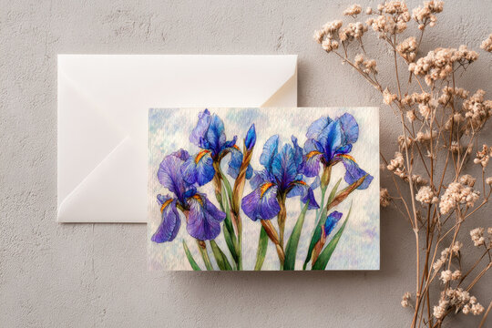 Mockup white greeting card and envelope with iris flowers and light background 