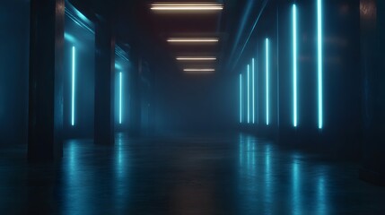 Fototapeta premium A striking view down a modern corridor illuminated by vibrant blue neon lights emphasizing depth and advanced technology