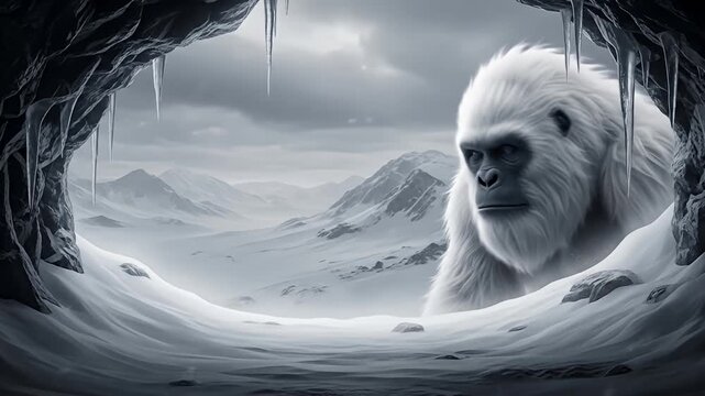 White ape looks out over a snow covered mountain landscape from a cave opening