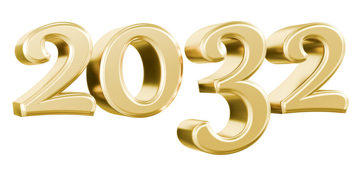 Glossy metallic numbers showing the year 2032