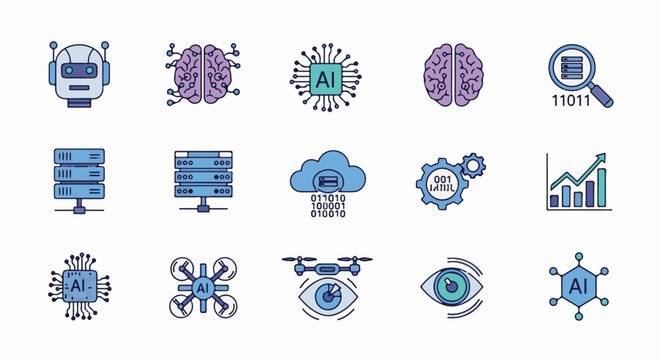 A collection of stylized flat icons representing artificial intelligence concepts like robots, brains, chips, and data processing