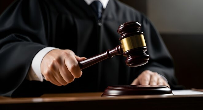 Judge in Courtroom with Gavel, Justice and Law Concept