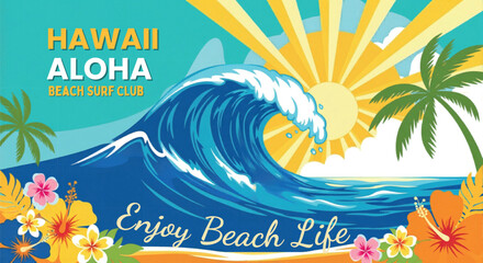 Vintage Hawaii Aloha beach surf club vector illustration, tropical ocean wave with sun rays and palm trees, summer vacation poster with hibiscus flowers isolated PNG with Transparent Background © Cozirooh.com