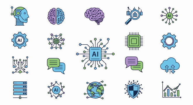Collection of icons representing artificial intelligence, machine learning, and data concepts