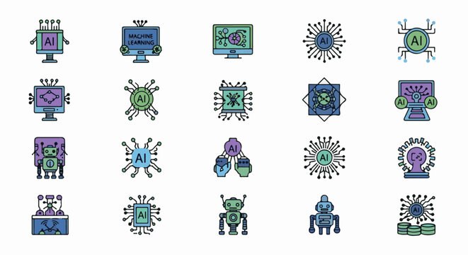 A collection of 20 stylized, colorful icons depicting artificial intelligence and machine learning concepts and devices