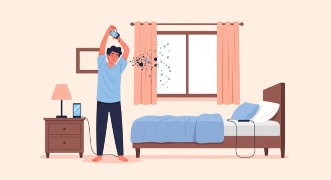 Flat vector illustration of a young man stretching his arms in a bedroom while holding a smartphone. Multiple mobile devices with charging cables are scattered around the bed and nightstand.
