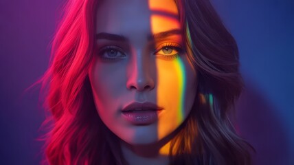 Fototapeta premium young woman with vibrant rainbow colored hair and dramatic neon lighting portrait