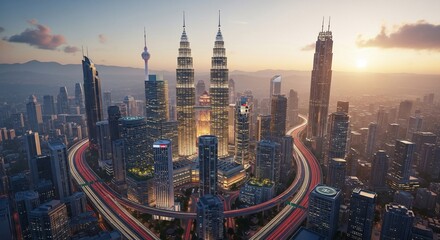 Fototapeta premium Kuala Lumpur cityscape at sunset with Petronas Twin Towers