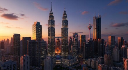 Naklejka premium skyline of kuala lumpur petronas towers at golden sunset with cityscape glow