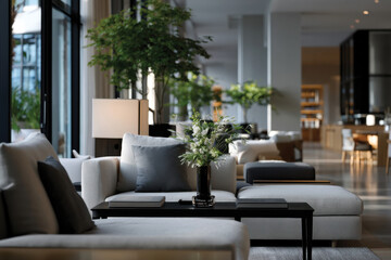 Fototapeta premium A spacious and stylish living area featuring contemporary furniture, natural greenery, and sleek design elements that create a serene and inviting atmosphere.