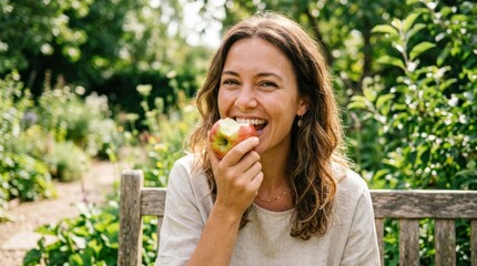 Plakat Woman enjoying a fresh apple bite for healthy living, wellness lifestyle portrait for nutrition, fitness, diet and clean eating themes, natural smile, soft daylight, crisp fruit detail, bright outdoor