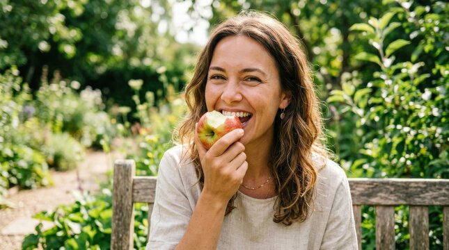 Woman enjoying a fresh apple bite for healthy living, wellness lifestyle portrait for nutrition, fitness, diet and clean eating themes, natural smile, soft daylight, crisp fruit detail, bright outdoor