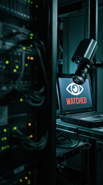 Security camera monitor showing cyber surveillance symbol with text watched inside a dark server room. Concept of internet censorship, social media blocking and data privacy violation.