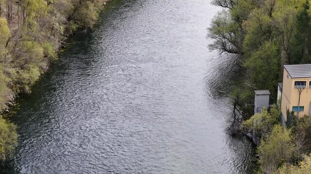 Aerial View of Traun River Flowing Through Forest in Austria