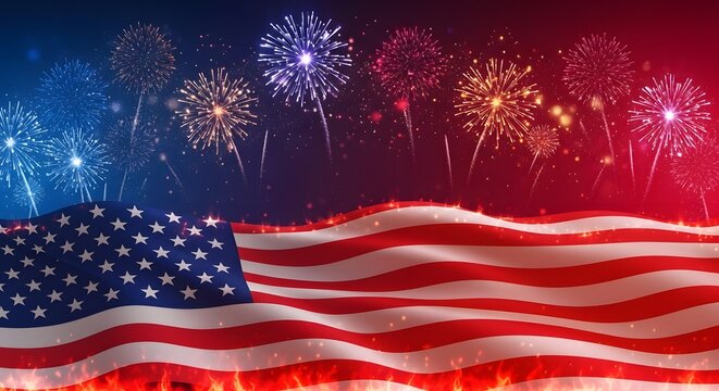 Waving american flag with fireworks and flames