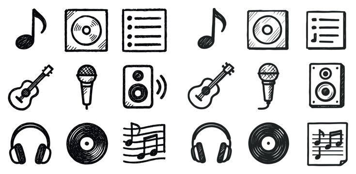 Music icons with guitar mic headphones sketch outline