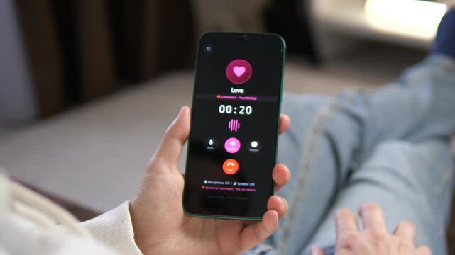 ouching moment of a person having a romantic phone call with a loved one. Active screen shows heart icon and call timer. Perfect for Valentines Day, long-distance relationship ads, and heartfelt