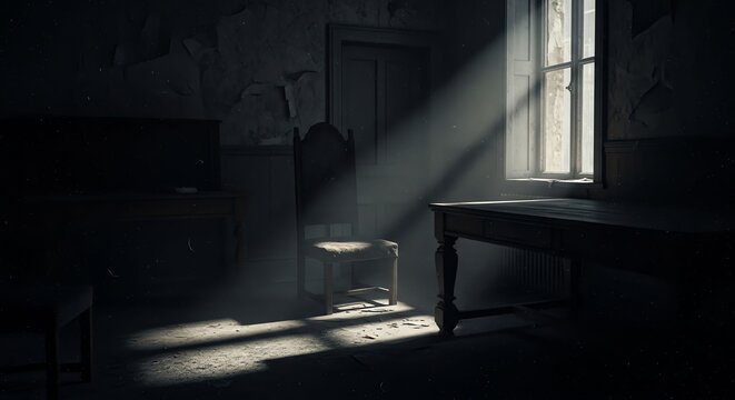 Dark, moody room with sunlight streaming through a window illuminating an empty chair.