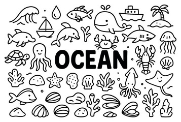 Obraz premium Ocean icons with whale fish coral outline