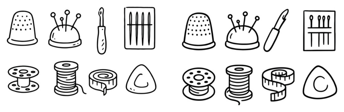 Sewing icons with thimble spool needle outline