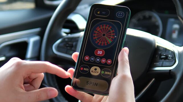 Man using a casino roulette application while sitting in the drivers seat. Concept of mobile betting, boredom while waiting, and casual gaming habits. Professional UI display with betting options