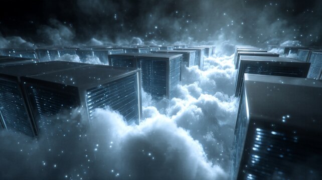 Epic cinematic server farm buildings emerging from white clouds representing heaven of data and massive cloud computing power