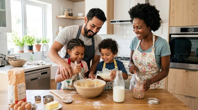 Diverse family mixing batter in a modern home kitchen with a glass milk bottle and sprinkles, baking together, family activity, homemade dessert, joyful lifestyle, bright interior, realistic detail,
