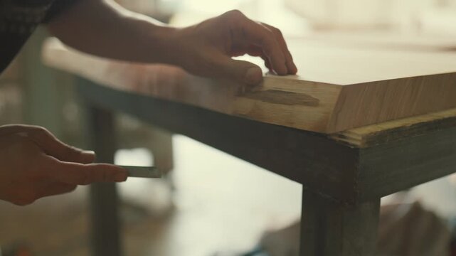 Carpenter using a chisel to carve wood tabletop in a workshop