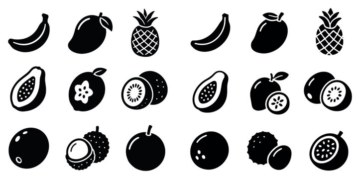 Tropical fruit icons with banana mango pineapple bold