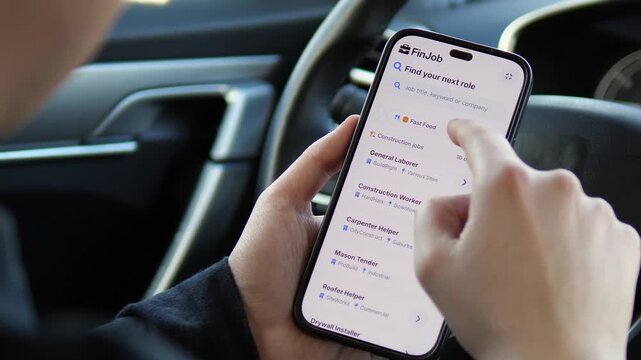Browsing tech job openings on a smartphone. Features React, Swift, and DevOps roles. Perfect for IT recruitment, coding careers, and remote work concepts. High-quality job board interface in a