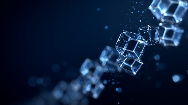 Abstract blockchain network with glowing blue glass cubes and bokeh particles representing decentralized data structure