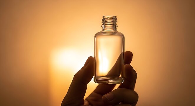 Hand holding an empty glass serum bottle against a warm golden background