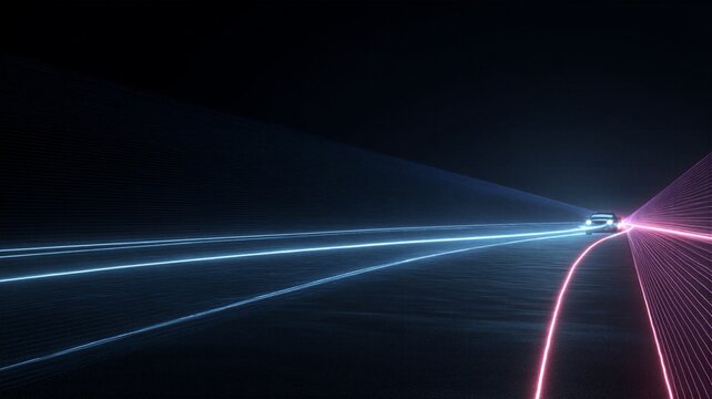 Futuristic car on highway with lidar sensor visualization and glowing digital paths representing advanced driver assistance systems and road safety