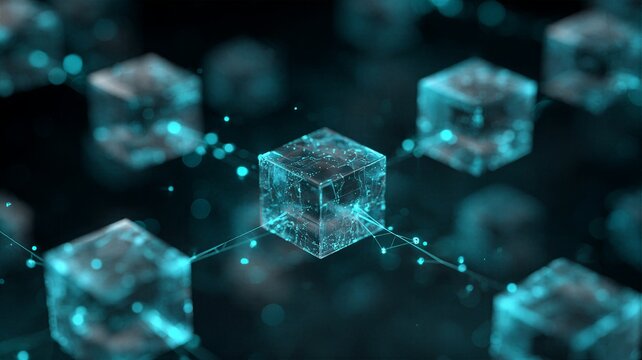 3D blockchain network of transparent glowing cubes connected by digital links representing secure decentralized ledger and smart contracts