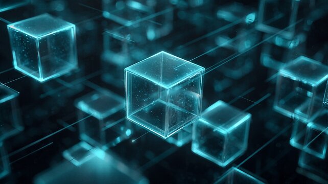 Abstract network of glass cubes with digital reflections representing web3 infrastructure and decentralized internet connection nodes