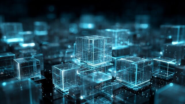 Isometric view of glowing crystal data blocks on dark circuit floor representing decentralized cloud storage and high tech database architecture