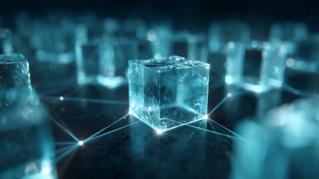 Abstract digital data cubes with glowing network lines representing blockchain decentralized ledger and secure database architecture
