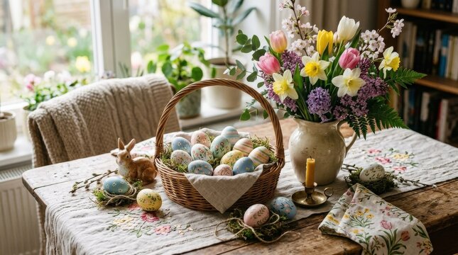 Decorated Easter eggs with flowers on table, festive spring holiday composition with cheerful seasonal styling and soft natural light, cozy realistic detail, no logos