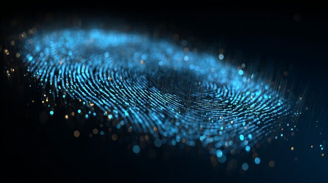 High tech biometric fingerprint sensor with luminous light trails representing advanced person recognition and digital privacy vault
