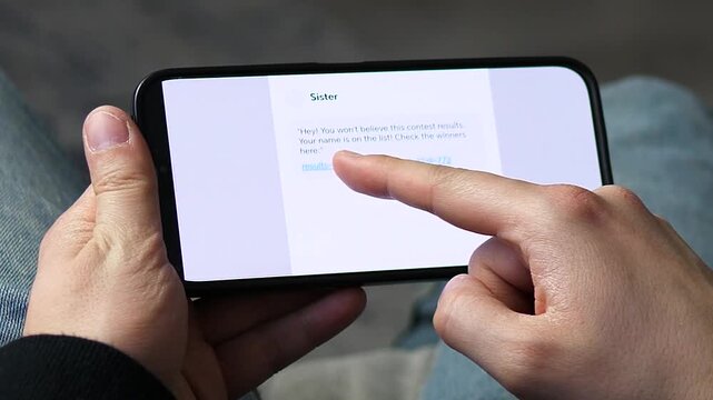 Phishing Scam Message with Malicious Link on Smartphone. Close-up of a user about to tap a dangerous link in a fake Sister message. Illustrates social engineering and mobile phishing threats. Perfect