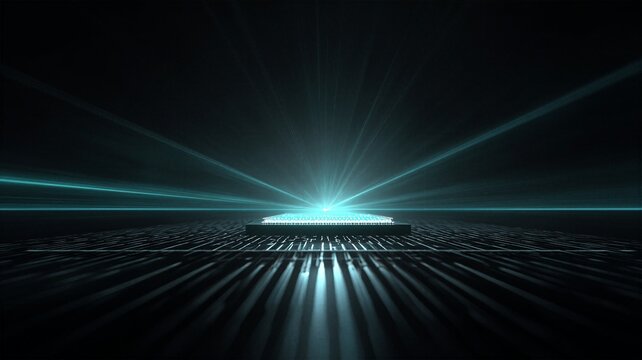 Central AI chip glowing with intense light rays on digital floor representing superhuman intelligence and futuristic data processing center