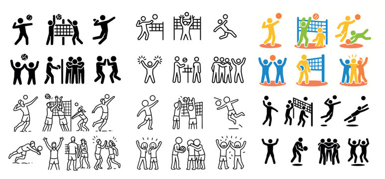 Stick figures playing volleyball in various poses