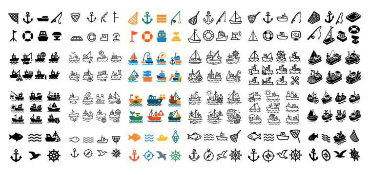 Nautical icons collection with boats and anchors