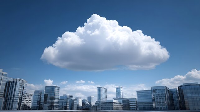 Modern corporate skyline set against a dramatic blue sky and large white cumulus cloud symbolizing growth and opport