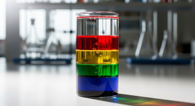 Layered Liquids in Glass Cylinder Demonstrating Density Differences